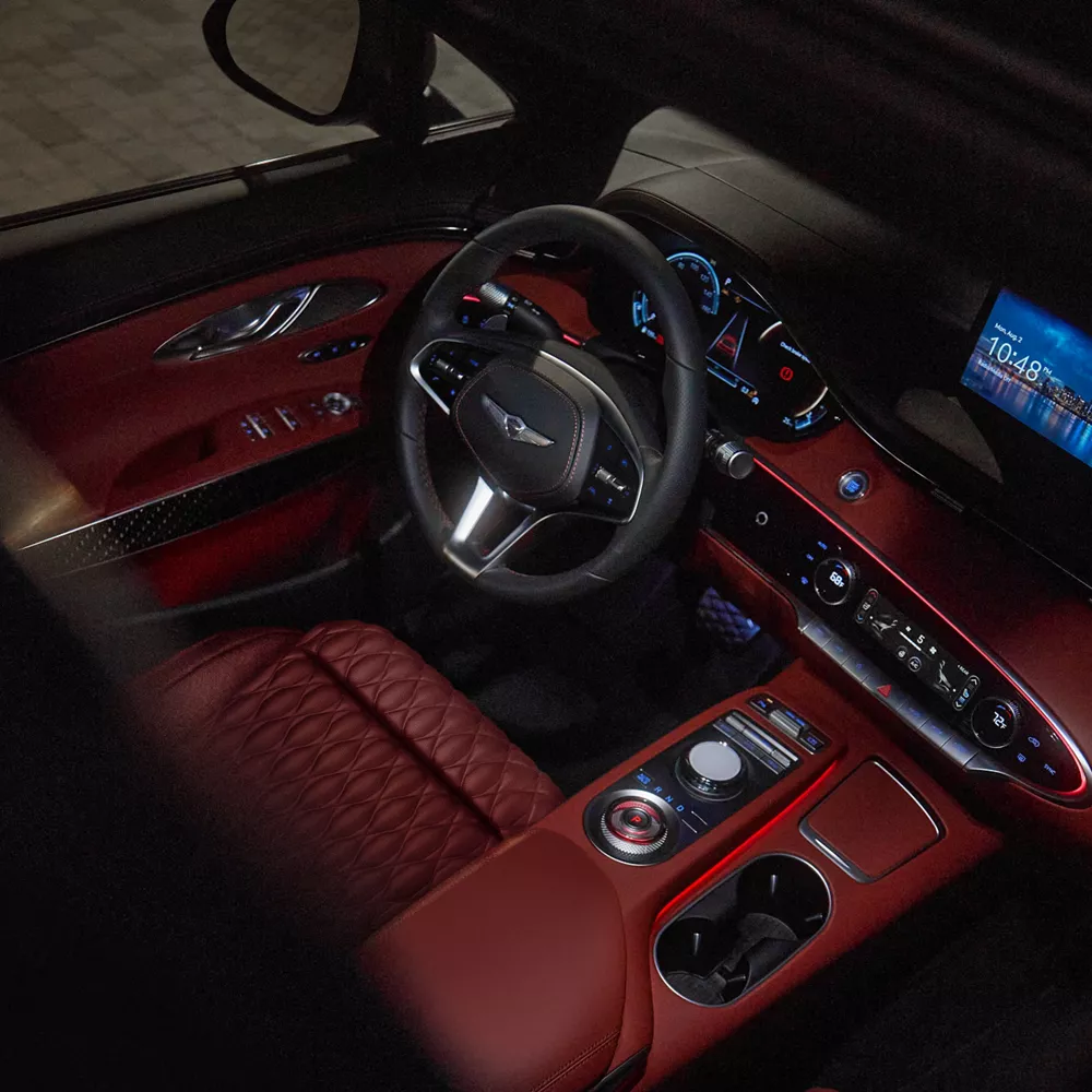 GV70 steering wheel and front cabin. 