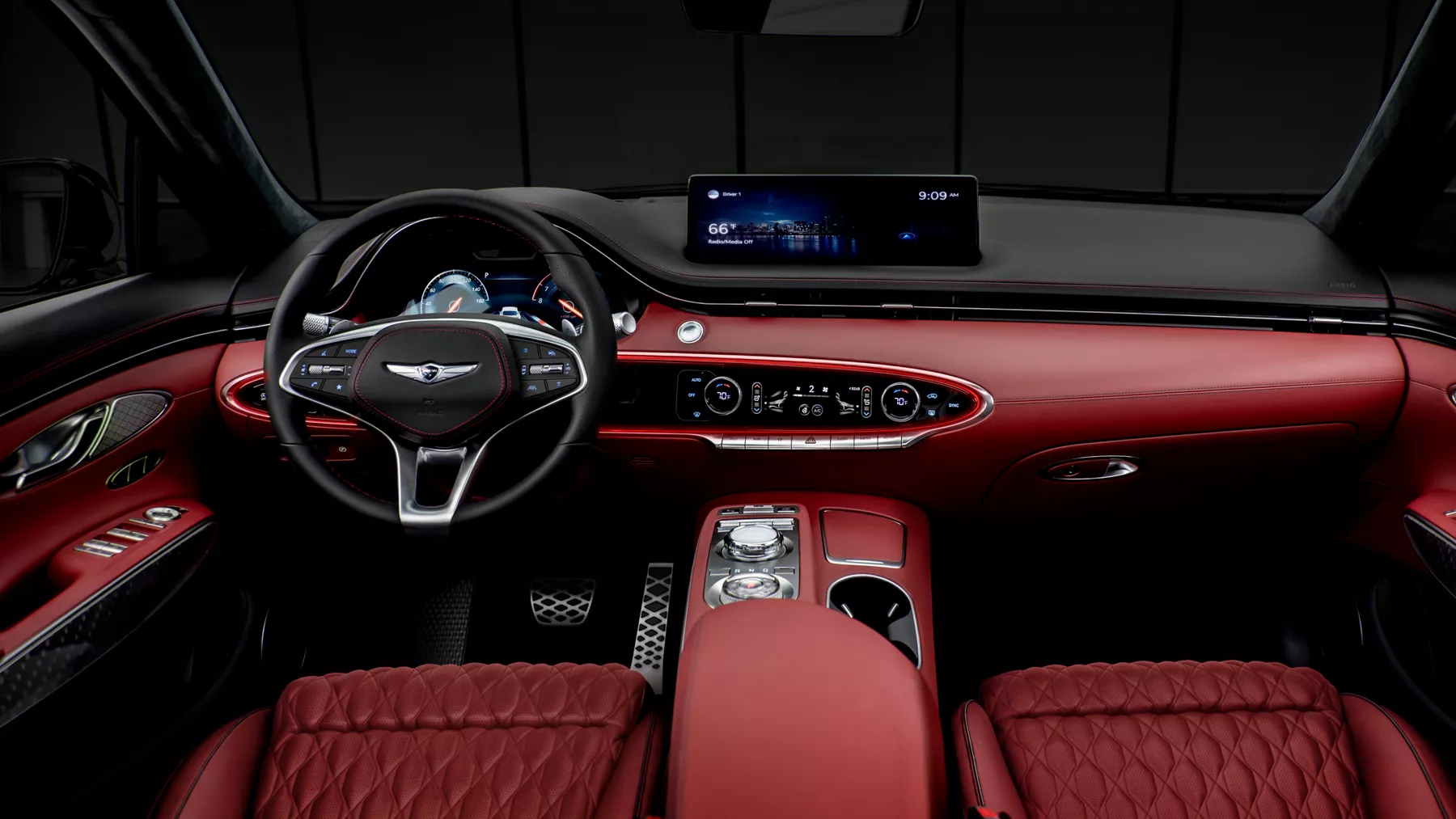 Red GV70 interior cabin.