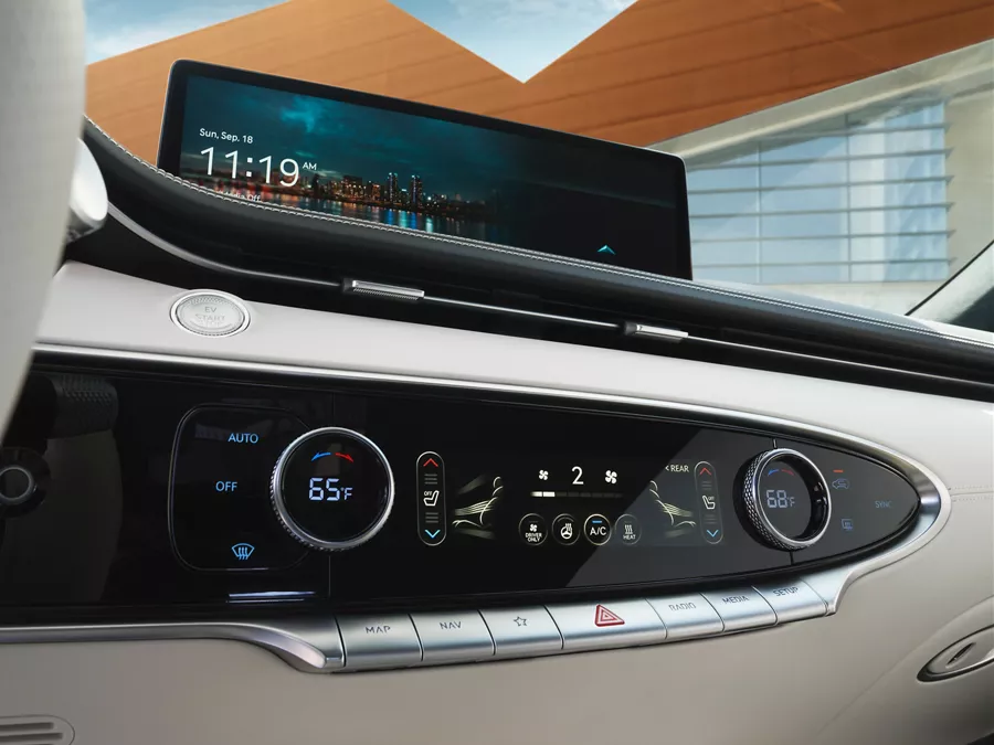 Electrified GV70 temperature controls and navigation screen.