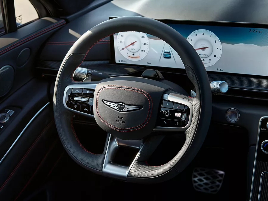 Close up of the GV80 Coupe's steering wheel.