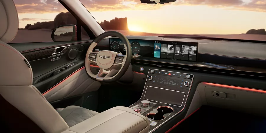 GV80 Coupe interior shot highlighting the infotainment system.