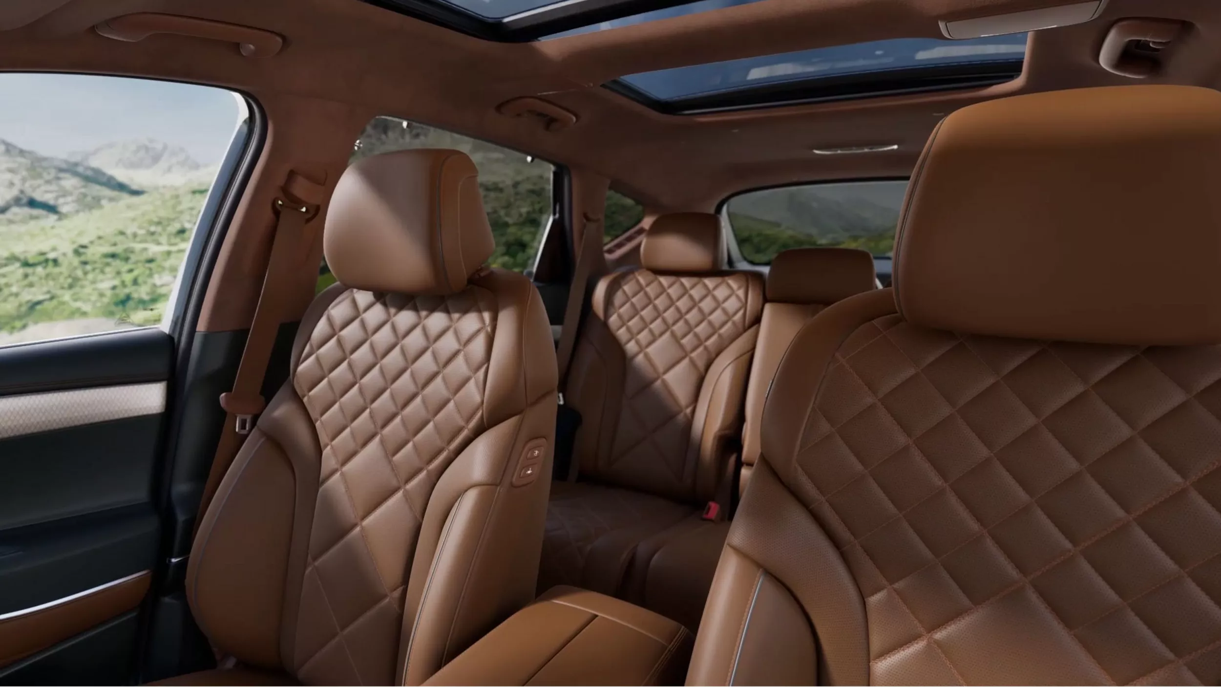 Interior front to back seat pov of Genesis GV80 with tan Nappa leather seats and panoramic sunroof