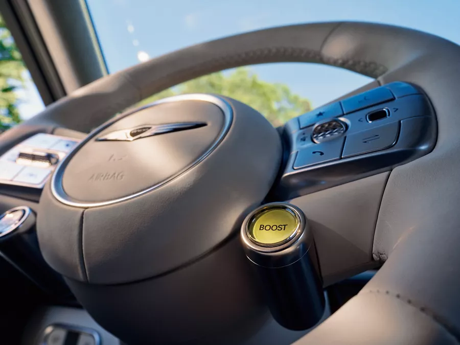 Close-up of the GV60 steering wheel.