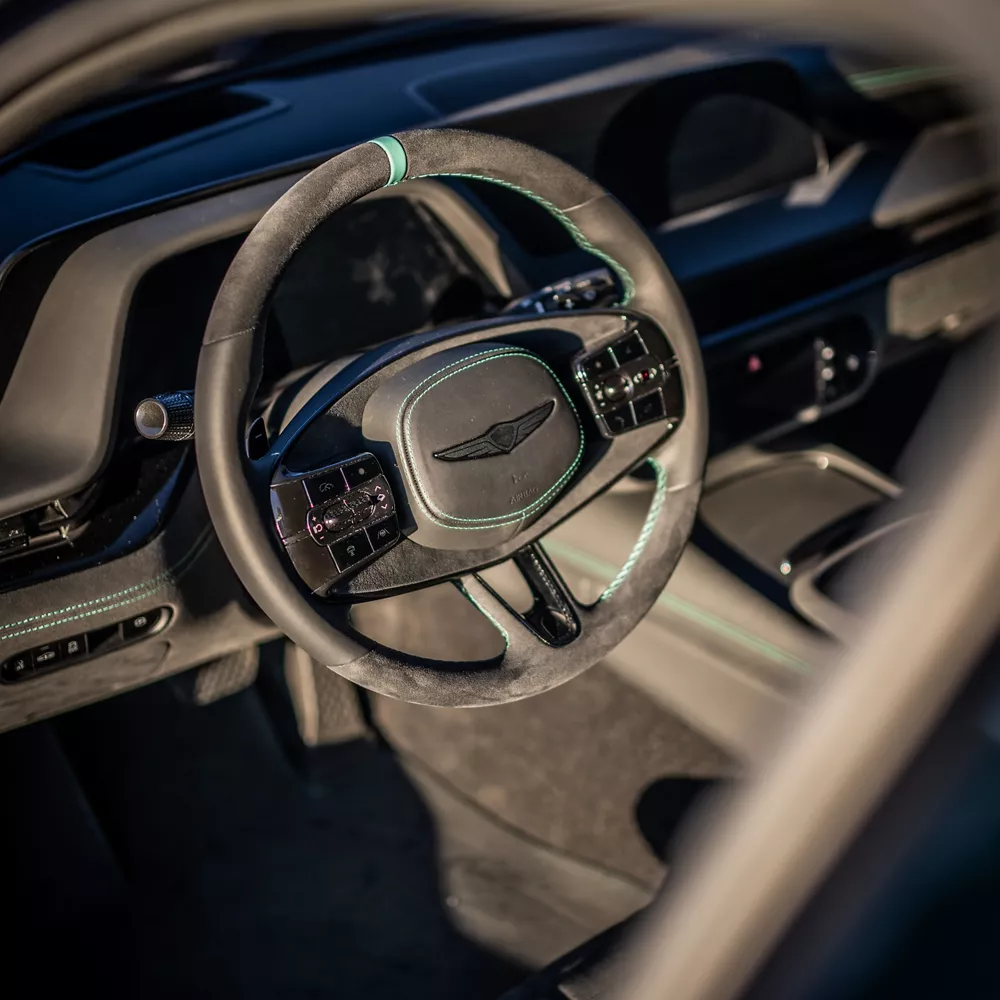 Close up interior view of Genesis G90 Wingback Concept steering wheel details