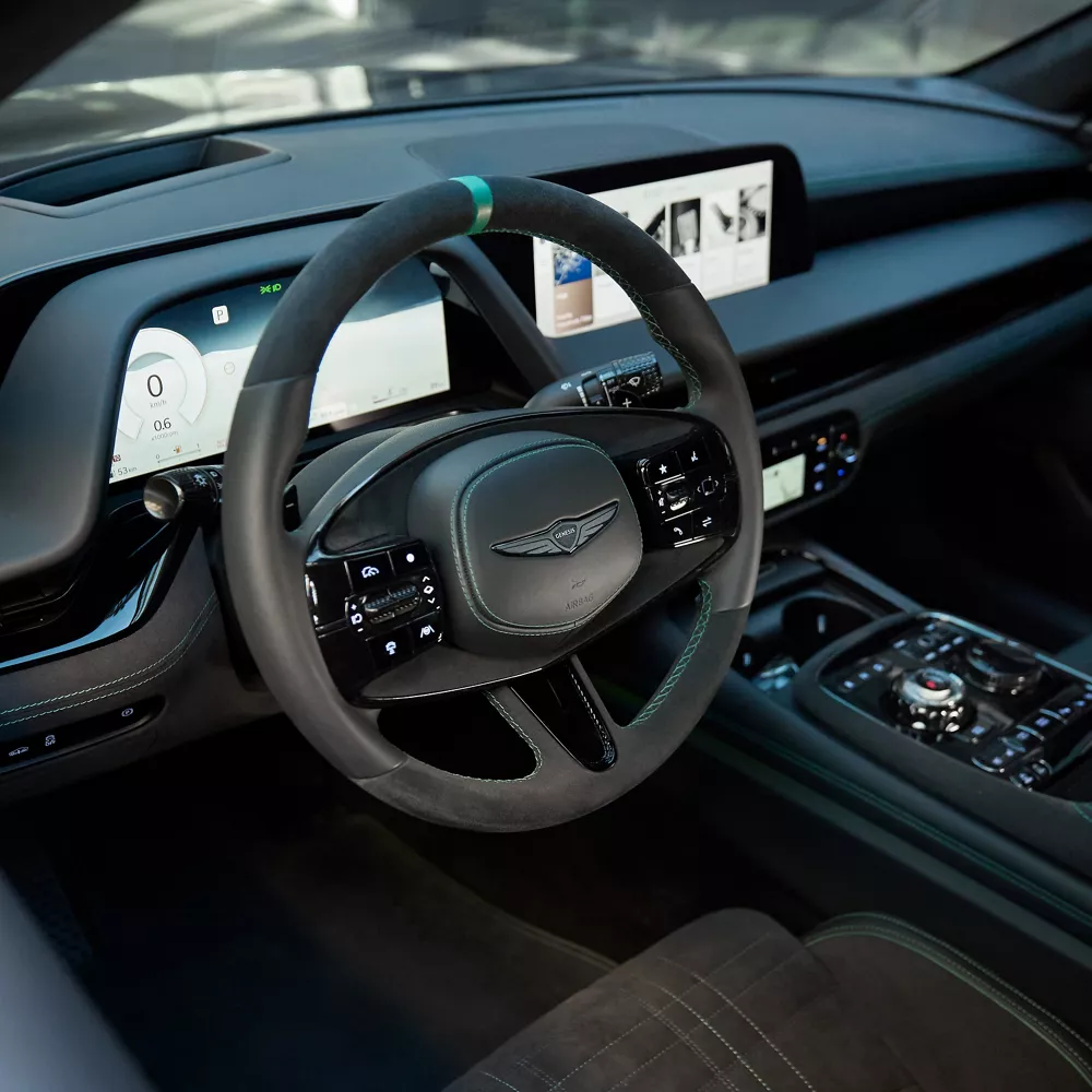 Close up interior view of Genesis G90 Wingback Concept steering wheel details