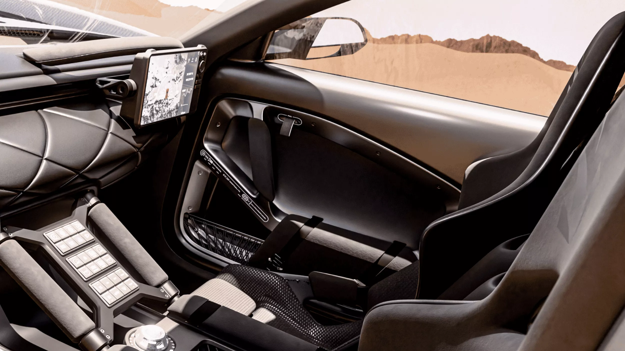 Driver side interior pov of Genesis X Skorpio Concept showcasing sliding display with navigation
