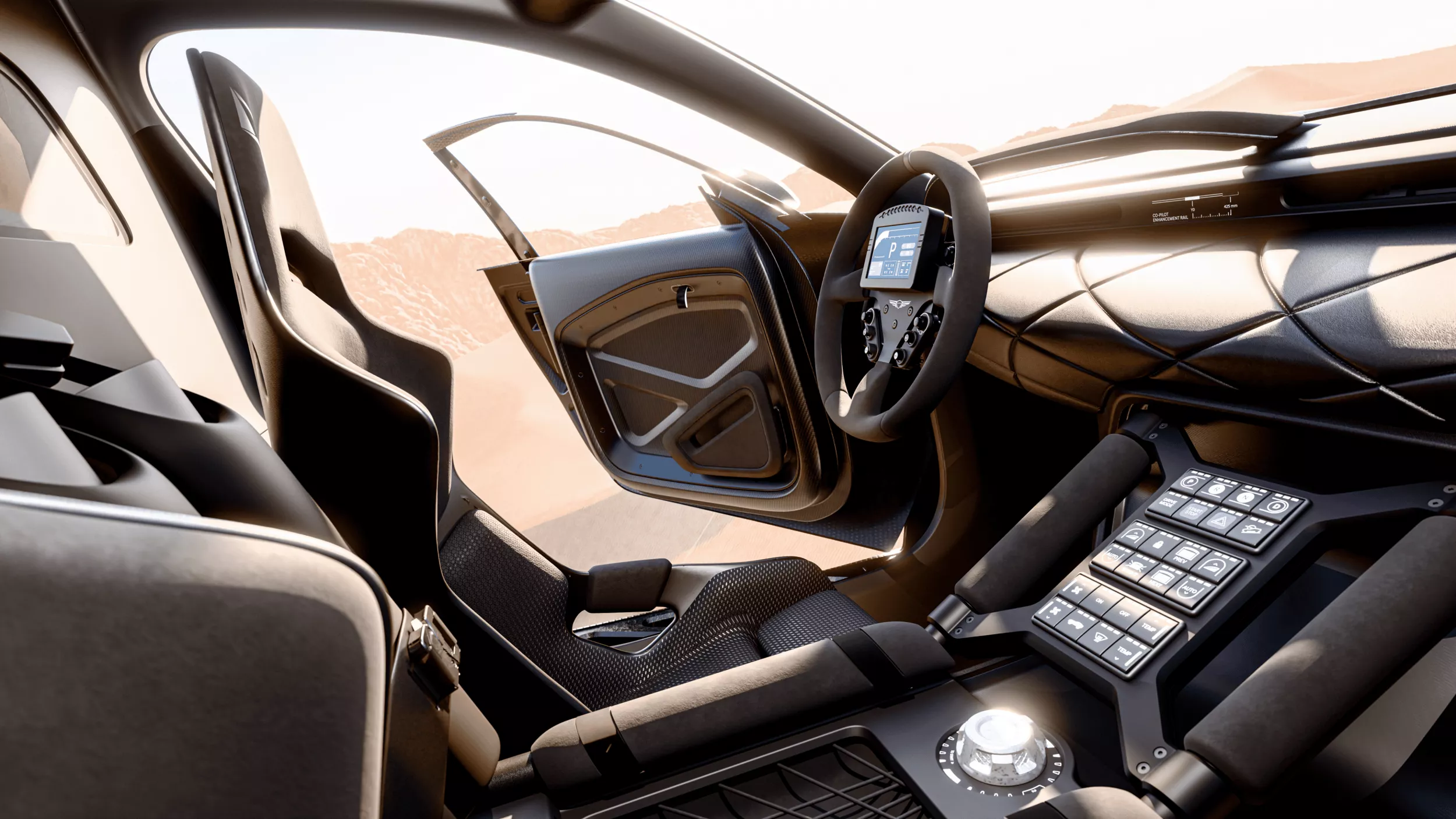 Passenger side interior pov of Genesis X Skorpio Concept, showcasing steering wheel & sliding display