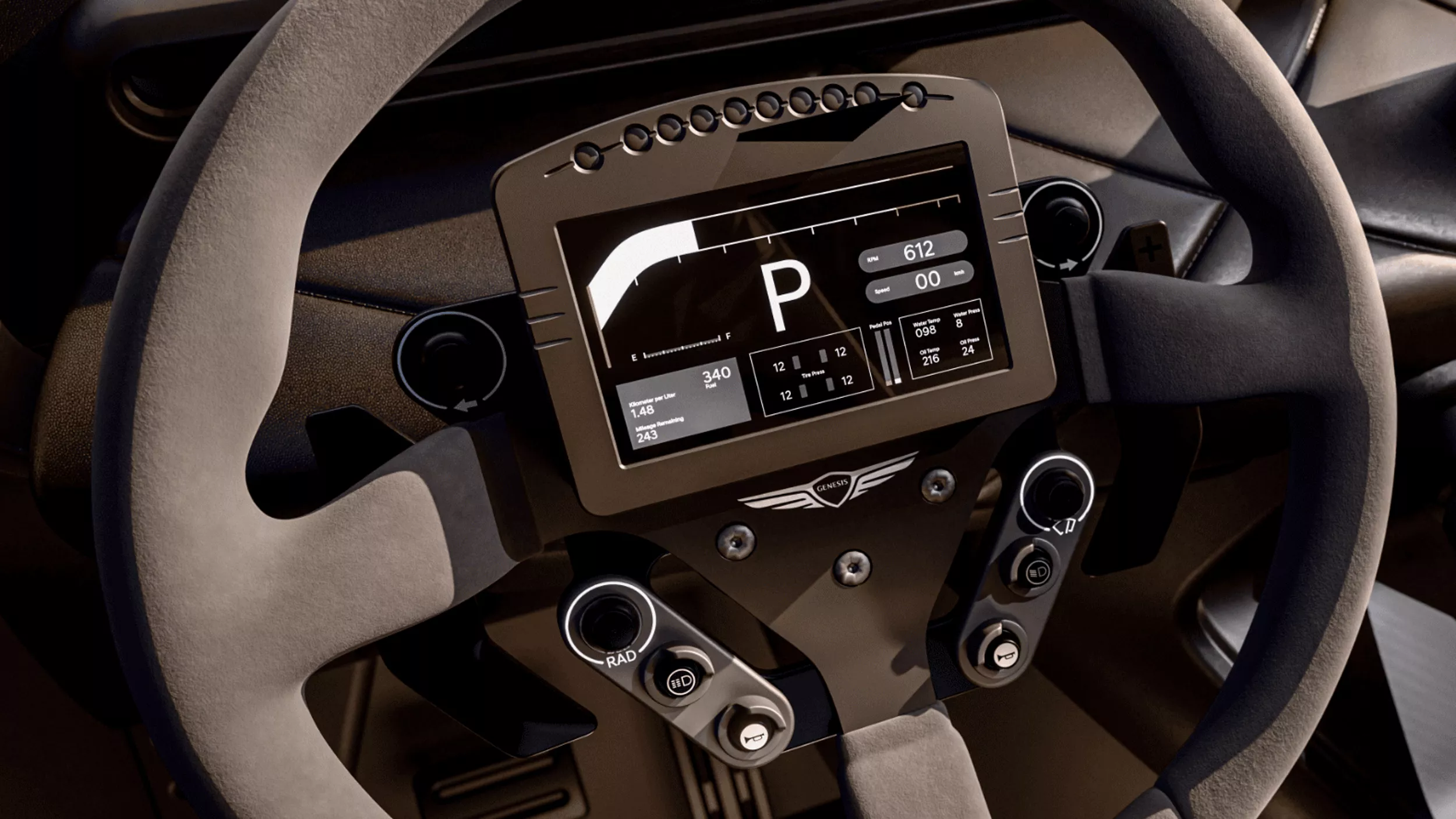 Close up of Genesis X Skorpio Concept steering wheel with digital display and performance controls