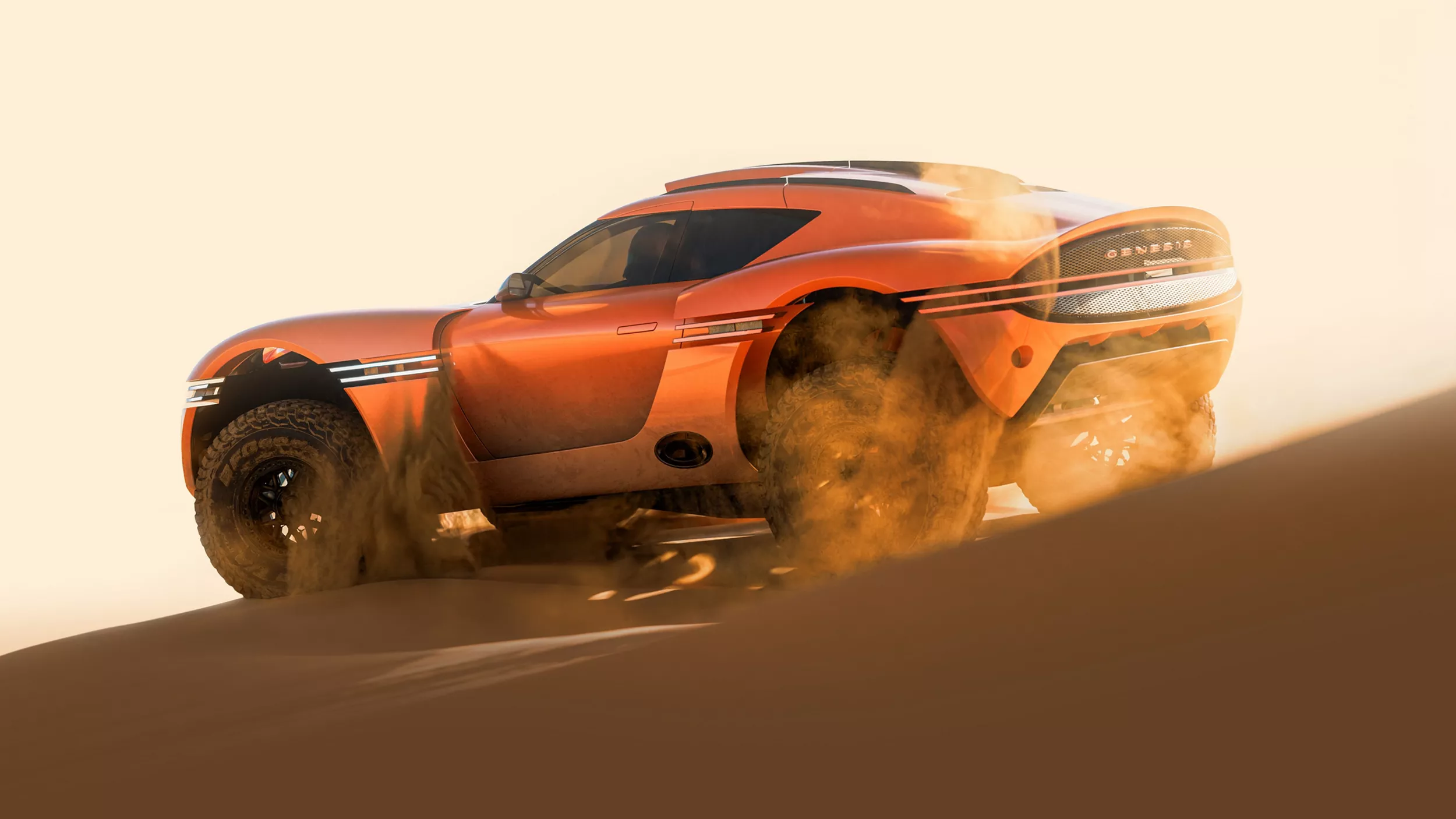 Driver side profile of Genesis X Skorpio Concept in orange driving through desert sands