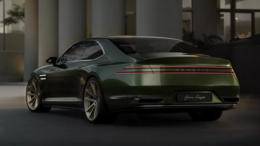 3/4 rear driver side view of Genesis X Gran Coupe Concept vehicle in green