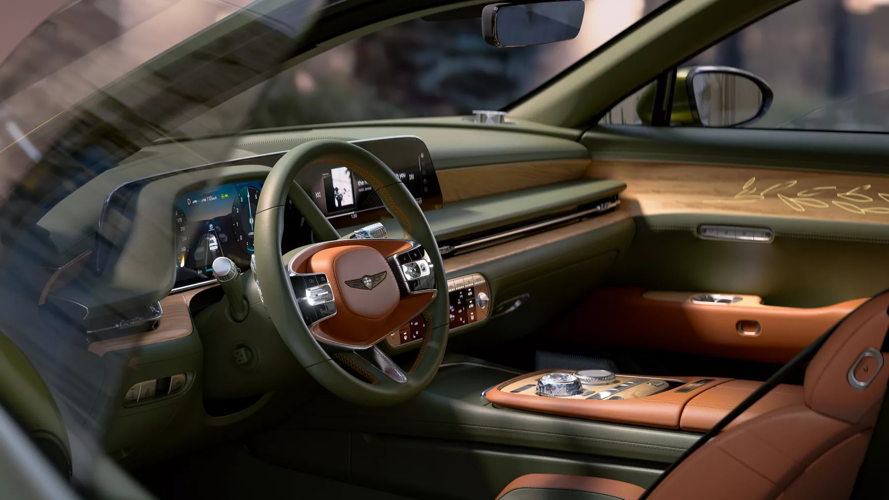 Close up of driver side green and brown wood interior in Genesis X Gran Coupe Concept vehicle