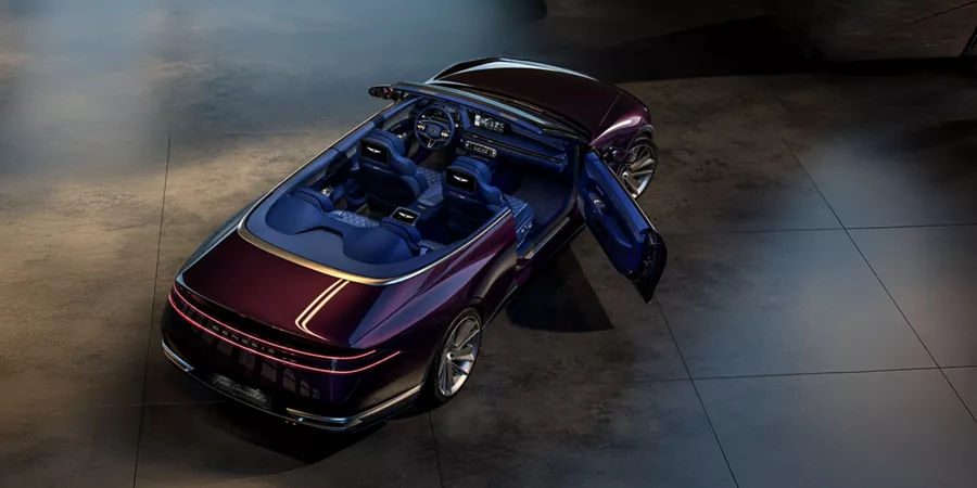 Rear passenger 3/4 overhead view of Genesis X Gran Convertible Concept vehicle