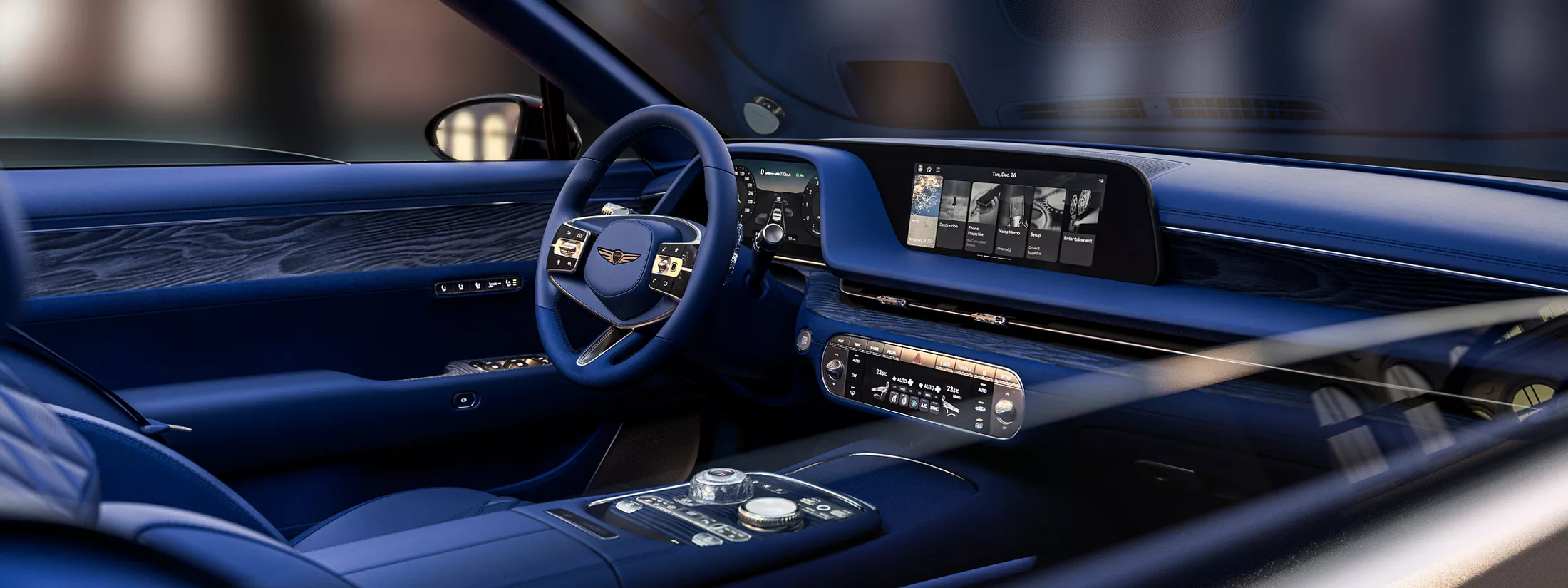 Interior passenger side view of steering wheel and dashboard in Genesis X Gran Convertible Concept