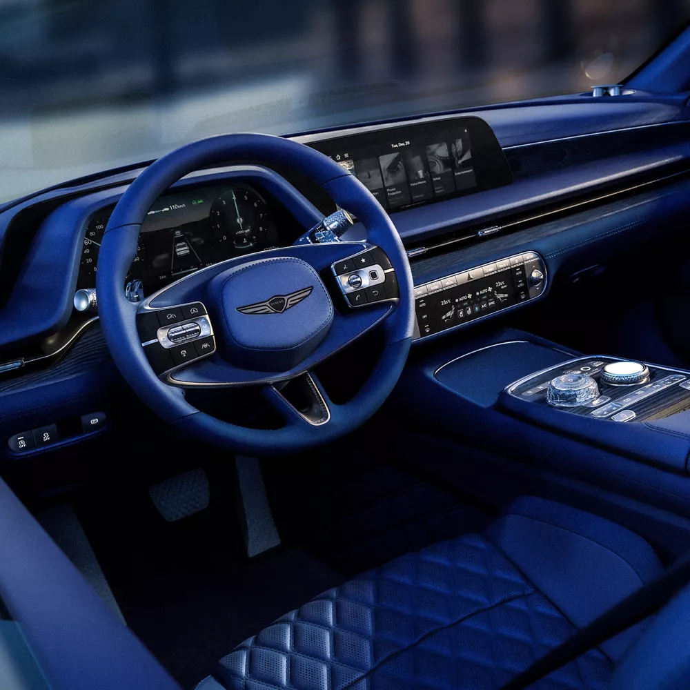 Interior driver side close up of steering wheel & dashboard in Genesis X Gran Convertible Concept