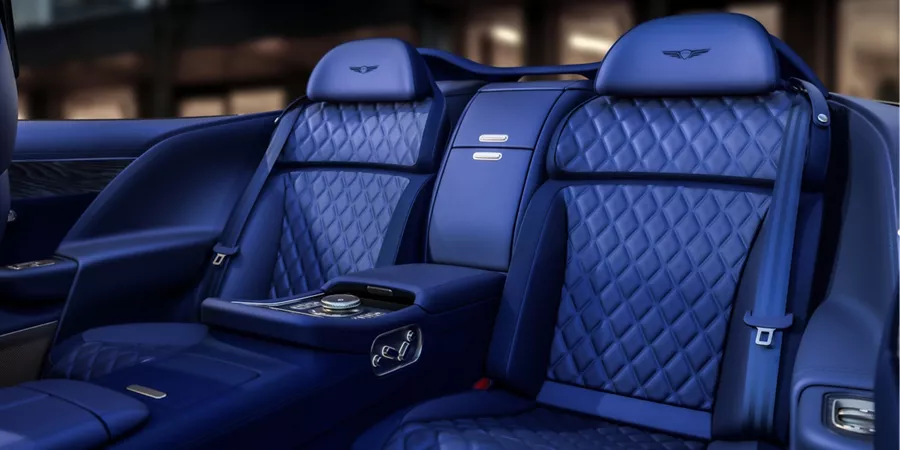 Interior close up of deep blue rear passenger seats in Genesis X Gran Convertible Concept