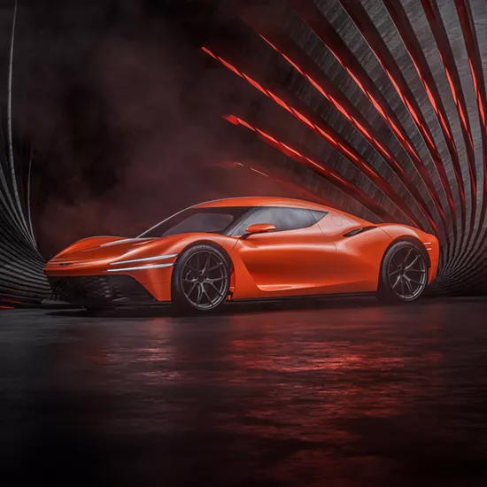 7/8 driver side view of orange Genesis Magma GT concept vehicle, metallic pinwheel lighting behind