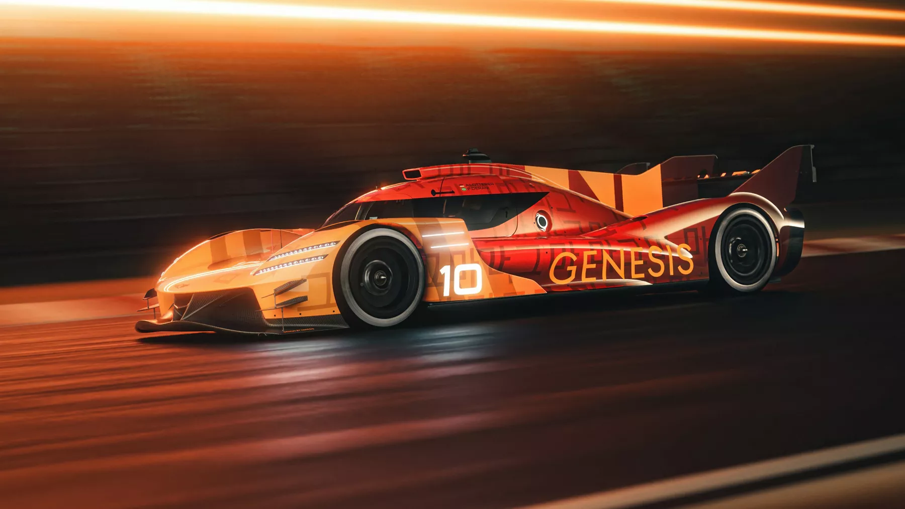 Side profile close up view of orange Genesis Magma Racing 2025 GMR-001 Hypercar on a race track