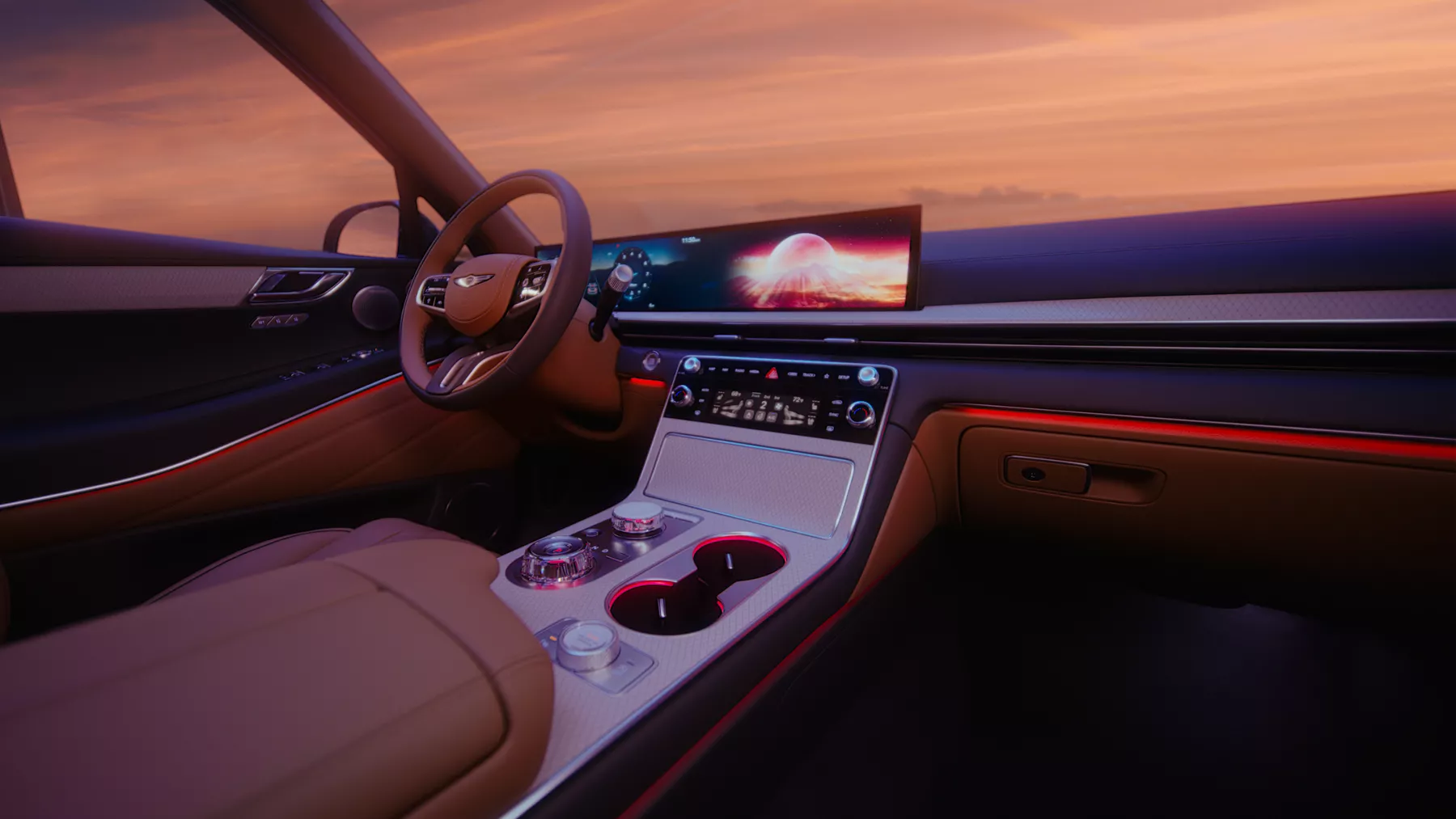 Interior front passenger pov of Genesis GV80 showcasing ambient lighting and infotainment screen