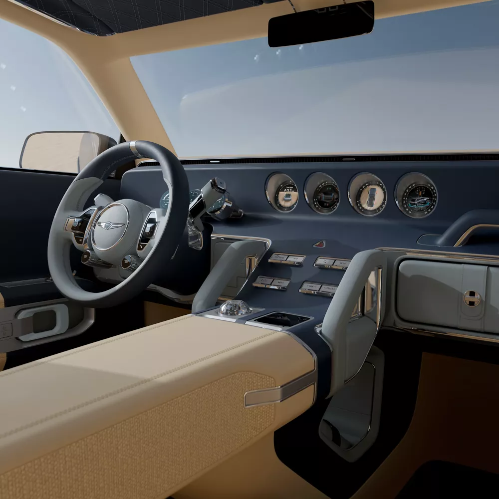 Interior passenger side pov of steering wheel and dashboard in Genesis X Gran Equator Concept