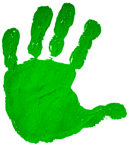 Mano verde hecha por un niño como estampada en la pantalla