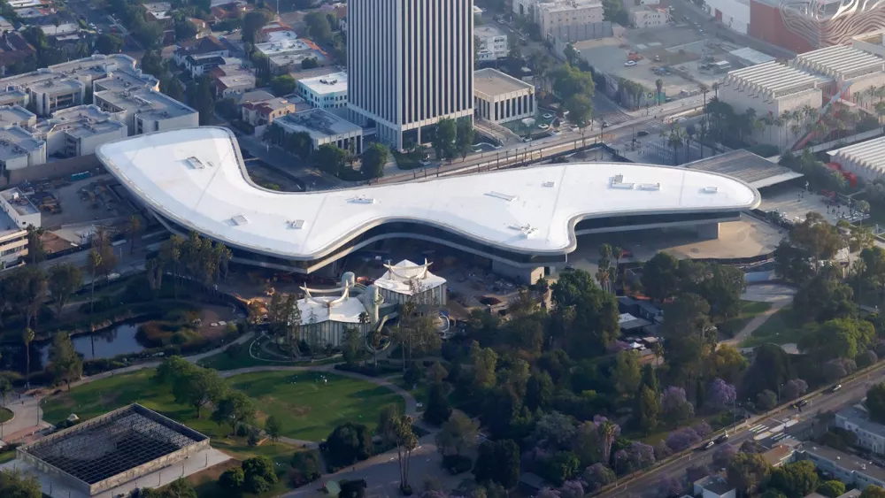 Aerial view of LACMA and David Geffen Galleries along the Miracle Mile in Los Angeles, CA