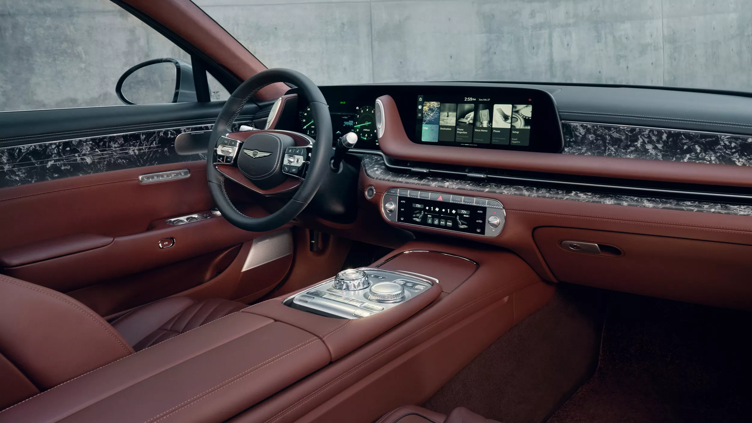 Interior front passenger's side view of Genesis G90 in Bordeaux brown Nappa leather interior