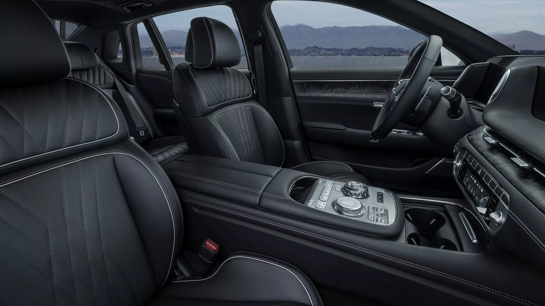 Interior view from front passenger seat of Genesis G90 cockpit