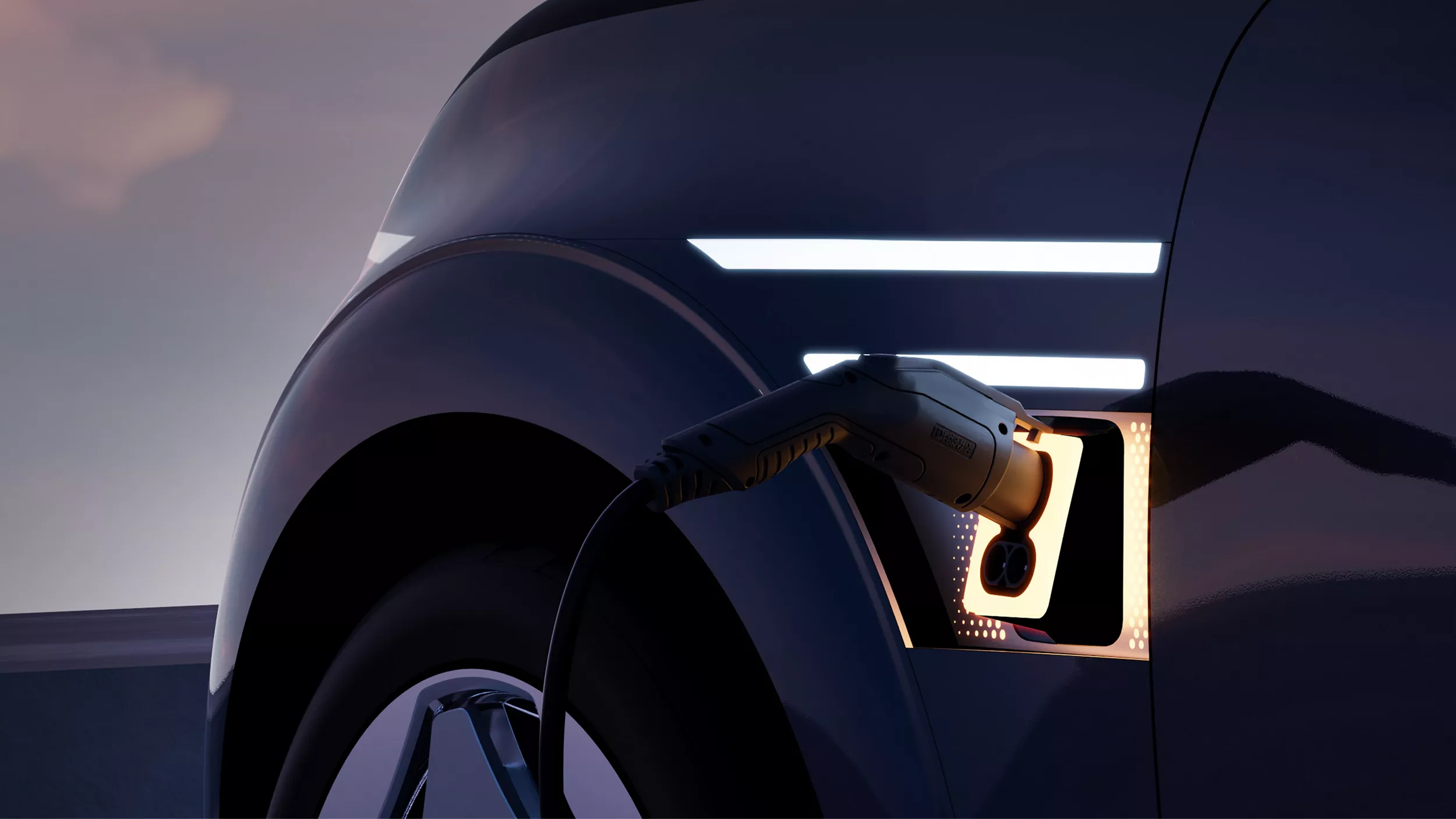 Close-up of Genesis Neolun Concept vehicle charging at driver side, lit port, sunset backdrop