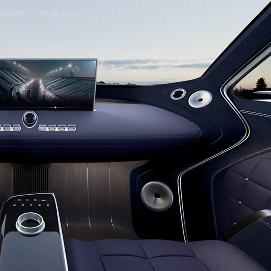 Genesis Neolun Concept vehicle interior from back seat showing dash, cockpit, and console details