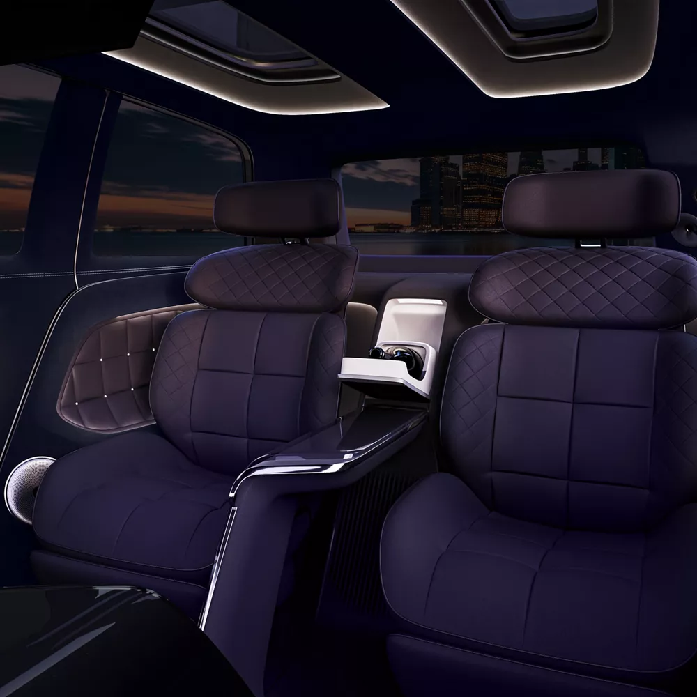 Genesis Neolun Concept rear interior with two sunroofs, tufted doors, Indigo and Purple Silk trim