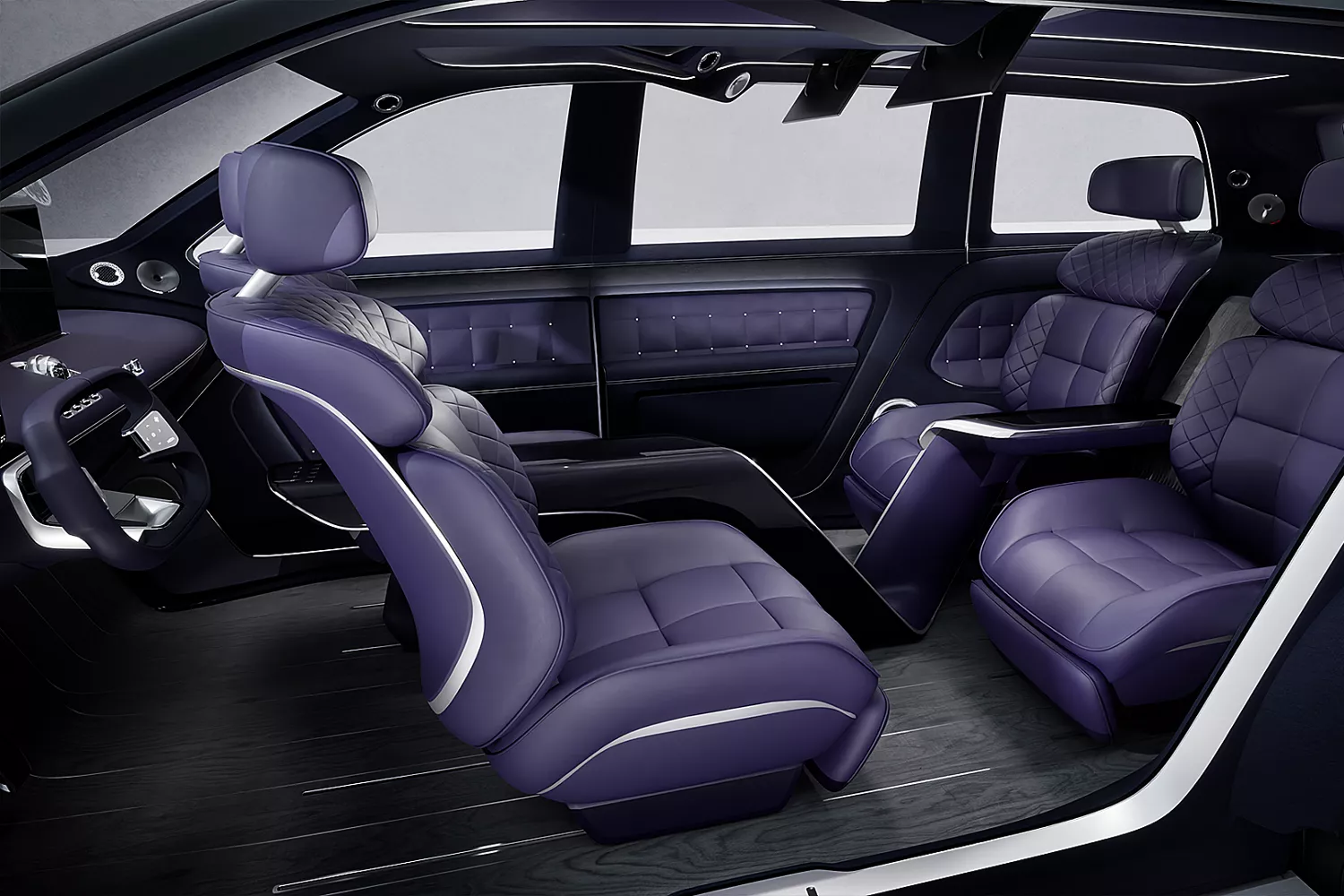 Interior shot of Genesis Neolun Concept vehicle with swivel front seat facing rear