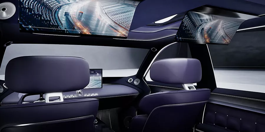 Rear interior closeup of Genesis Neolun Concept vehicle with dual ceiling displays