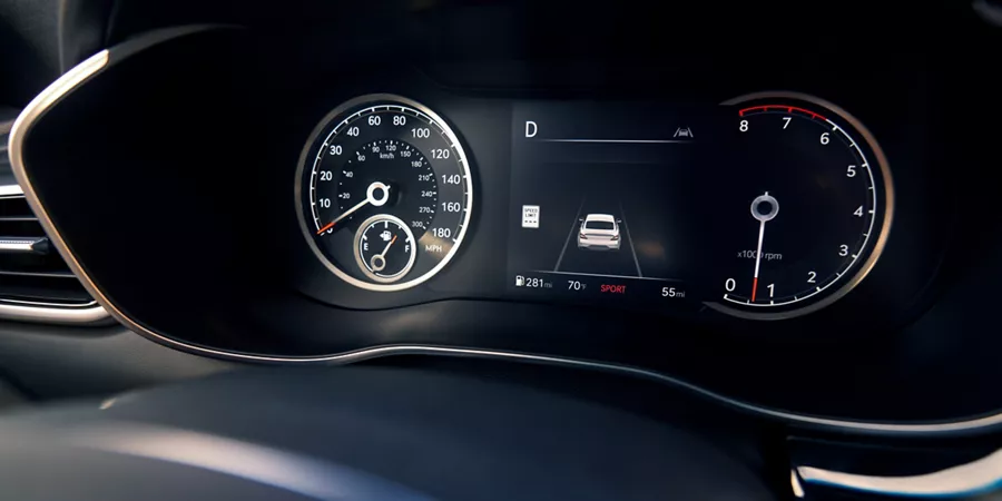 Interior view of digital gauge clusters inside 2027 Genesis G70