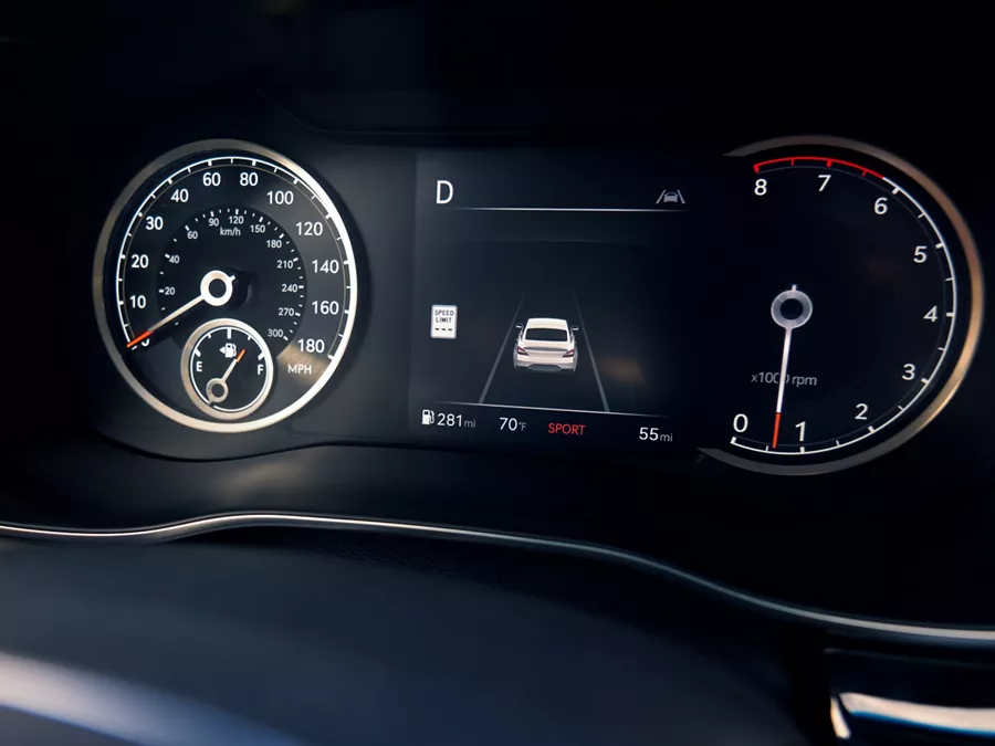Interior view of digital gauge clusters inside 2027 Genesis G70