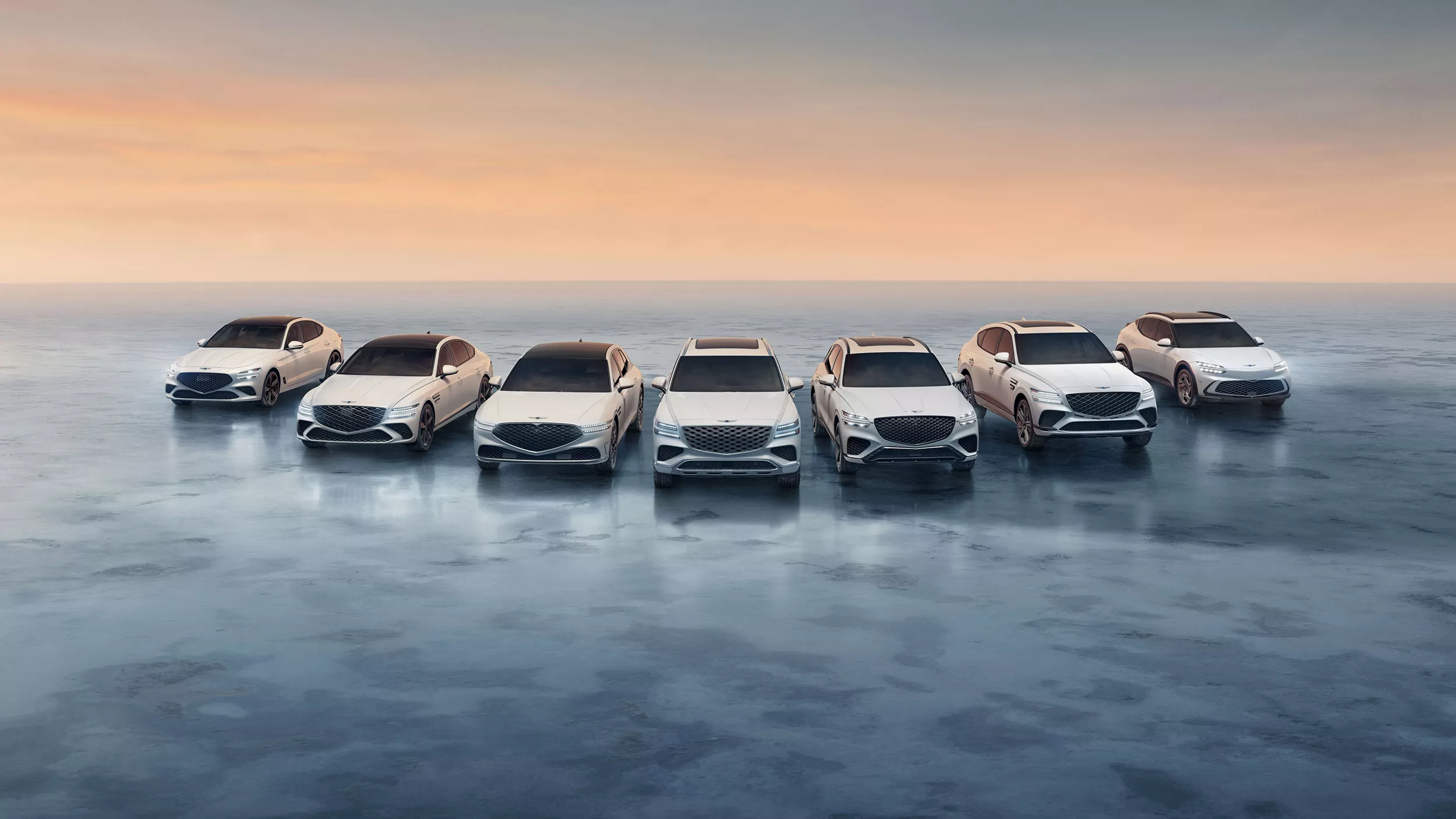 Pack-shot of Genesis G70, G80, G90, GV60, GV70, GV80 and GV80 Coupe parked along a wintery landscape