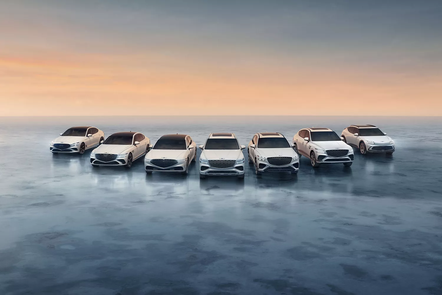 Full lineup of 2025 Genesis vehicles side by side including; G70, G80, G90, GV60, GV70, GV80 and GV80 Coupe
