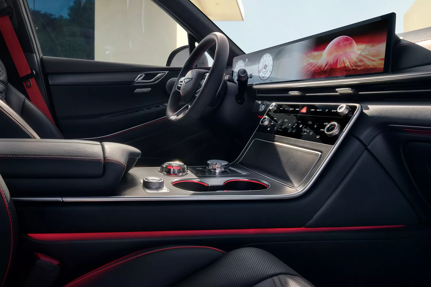 Interior of Genesis GV80 Coupe's quilted Nappa leather seating, steering wheel & OLED display