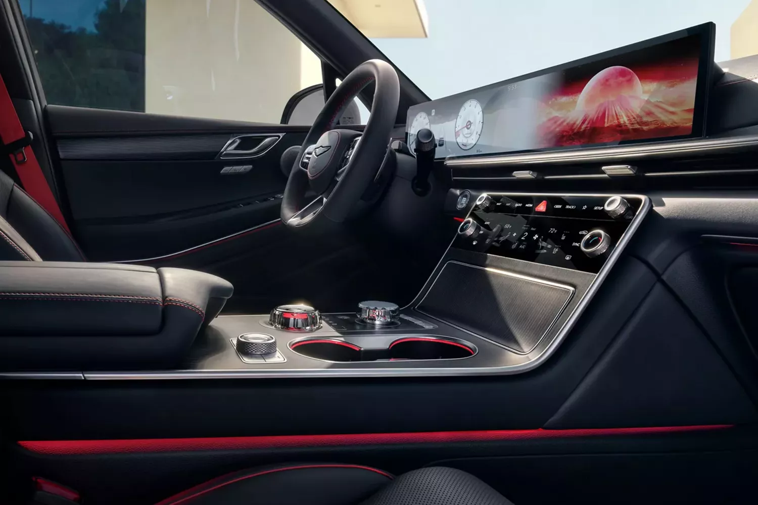 Interior passenger seat pov dashboard, center console and steering wheel inside Genesis GV80 Coupe