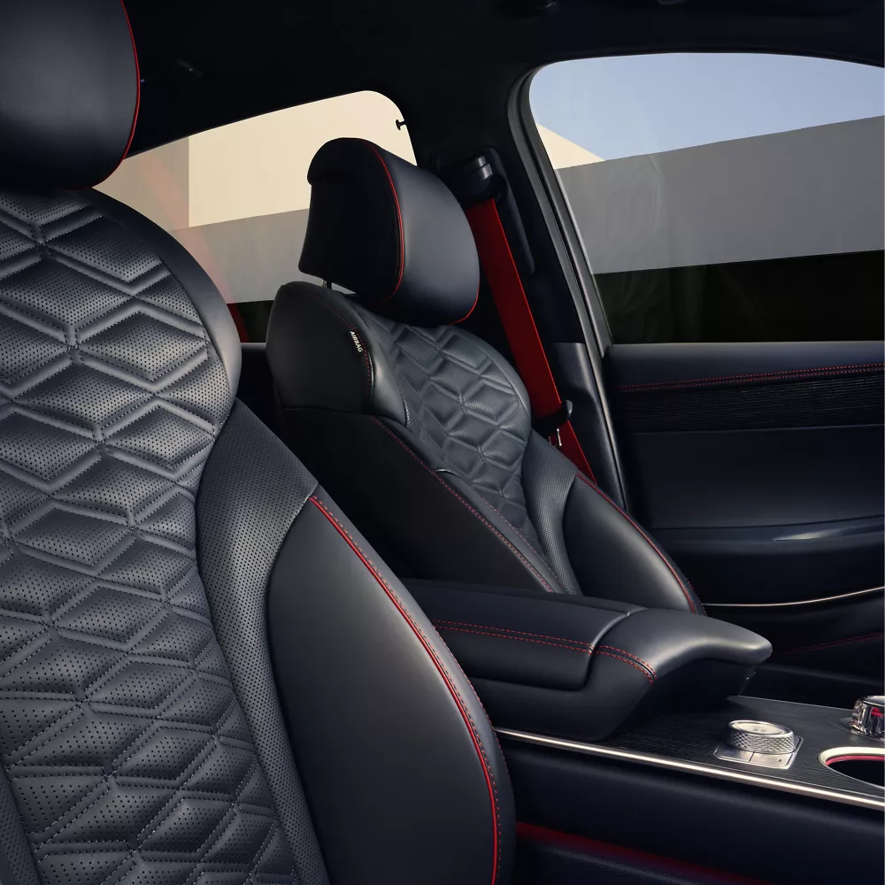 Interior passenger side view of Nappa leather seats in Ultramarine Blue inside Genesis GV80 Coupe