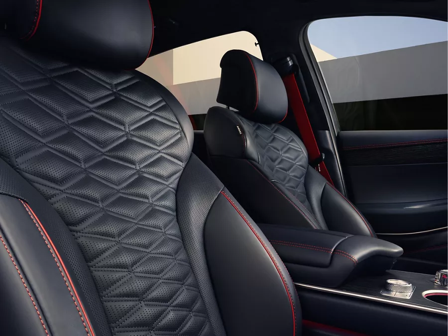 Interior passenger side view of Nappa leather seats in Ultramarine Blue inside Genesis GV80 Coupe