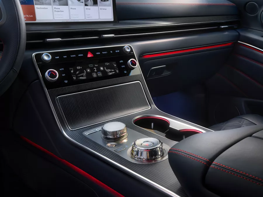 Interior close up of center console in the Genesis GV80 Coupe