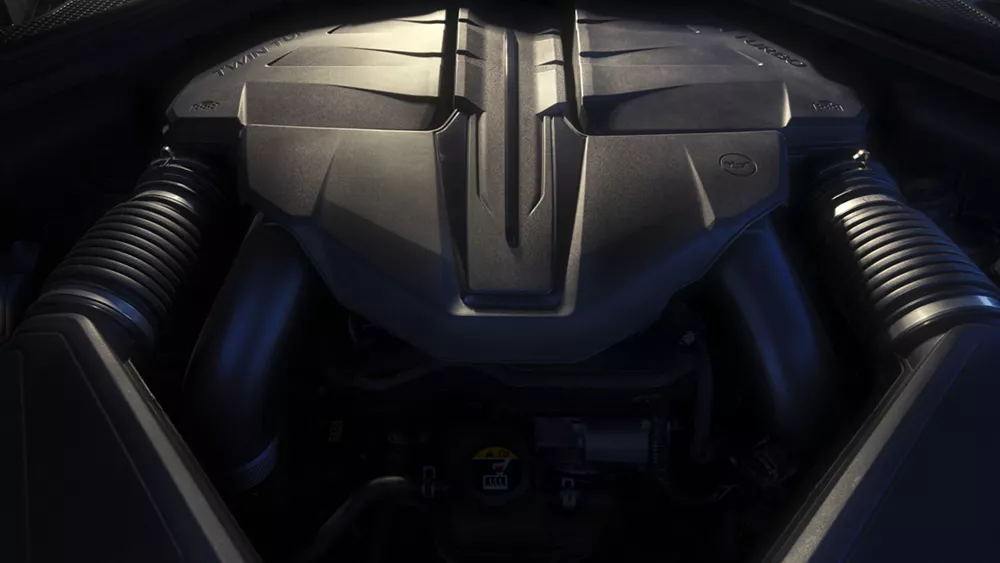Close-up of Genesis 3.5-liter twin-turbo v6 engine