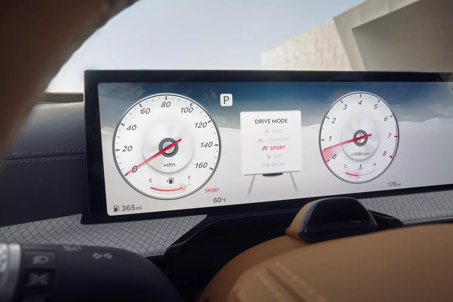 Interior closeup of digital instrument cluster with Driver Mode display inside Genesis GV80 Coupe
