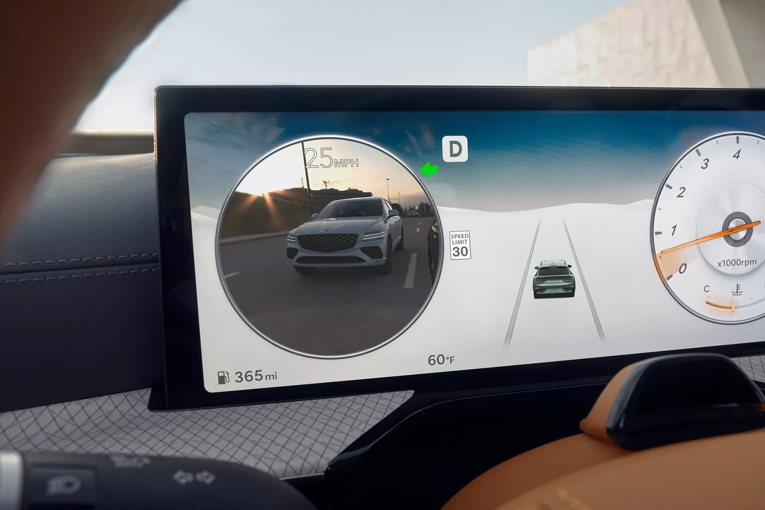 Interior close up of Blind Spot Assist on Infotainment dashboard inside Genesis GV80 Coupe