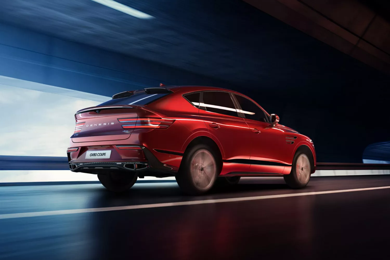 7/8 rear passenger side angle of Genesis GV80 Coupe in Mauna Red driving through a tunnel