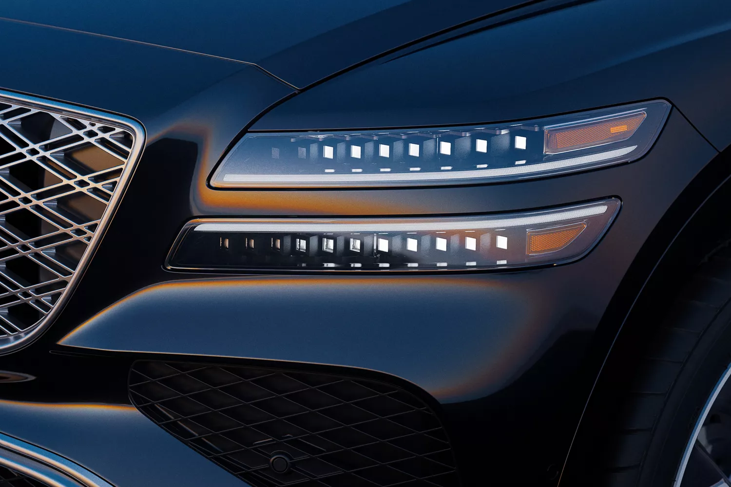 3/4 front driver side close up of headlight details on Genesis GV80