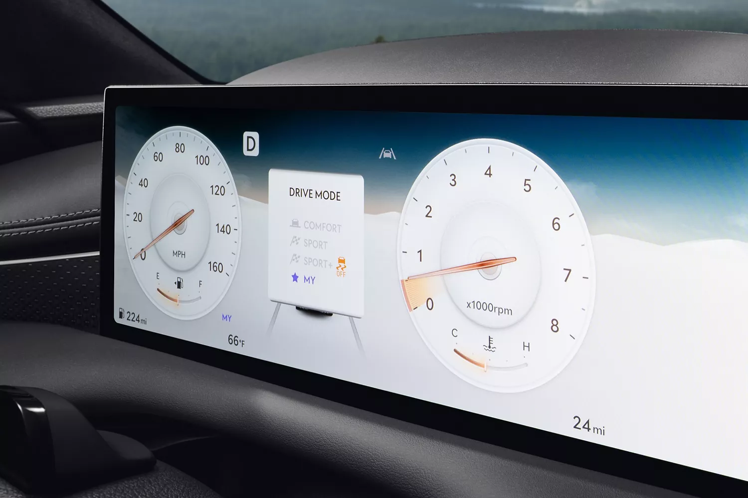 Interior close-up of Genesis 27-inch OLED infotainment display, showing drive mode set to "Custom"