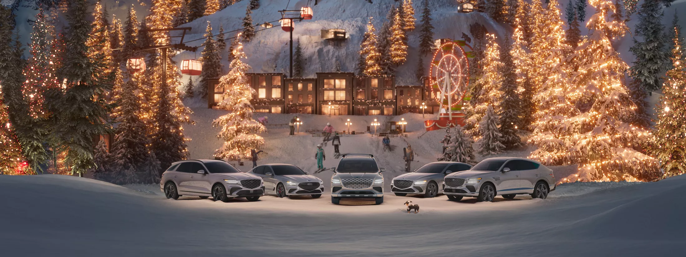 Genesis Winter Signature Event showcases luxury SUVs and sedans in a snowy holiday resort scene.