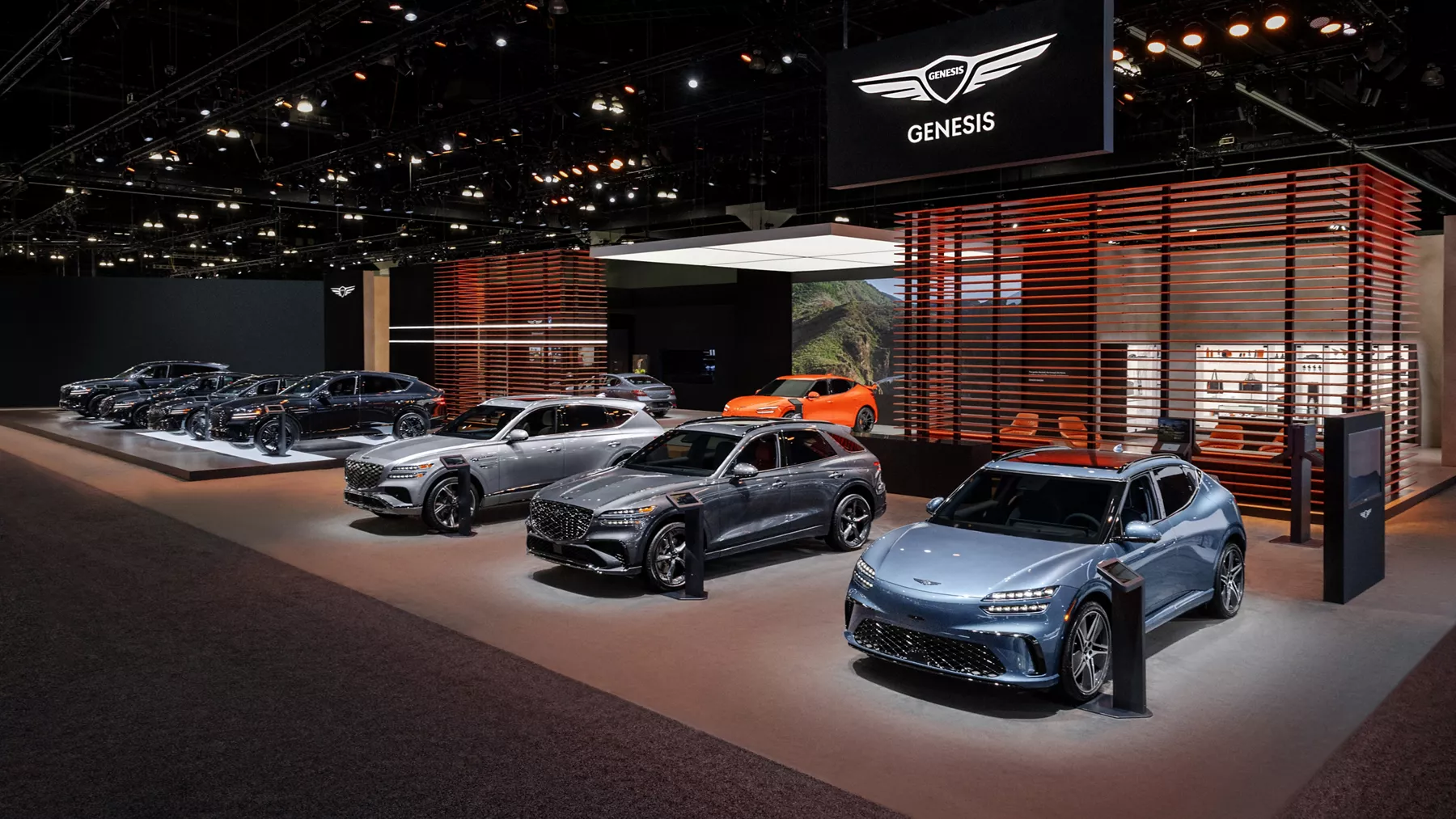 Genesis G70, GV60, and GV80 showcased together at the 2025 LA Auto Show
