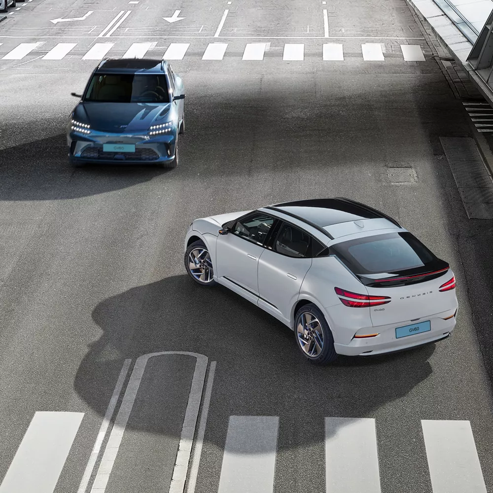 Two perpendicular Genesis GV60s at city intersection highlighting forward collision avoidance feature
